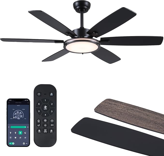 Hounber 52 Inch Ceiling Fans with Lights and Remote, Black Ceiling Fan with 6 Blades Dual Finish, 3CCT, Dimmable, Quiet DC Reversible Motor, Ceiling Fan Modern for Bedroom, Patio, Living Room