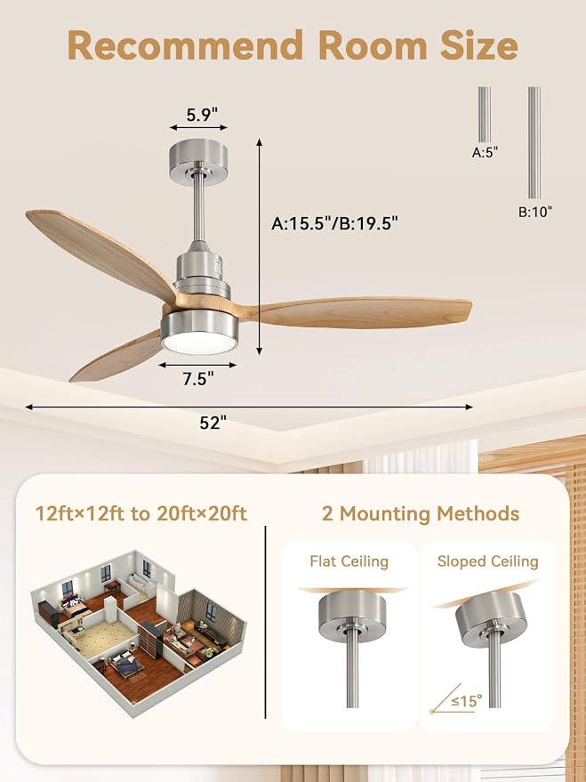 Sofucor 52 Inch Smart Ceiling Fans with Lights and Remote, 3 Blade Modern Wood Ceiling Fan Works with App/Alexa/Google, for Bedroom Living Room Patio Porch