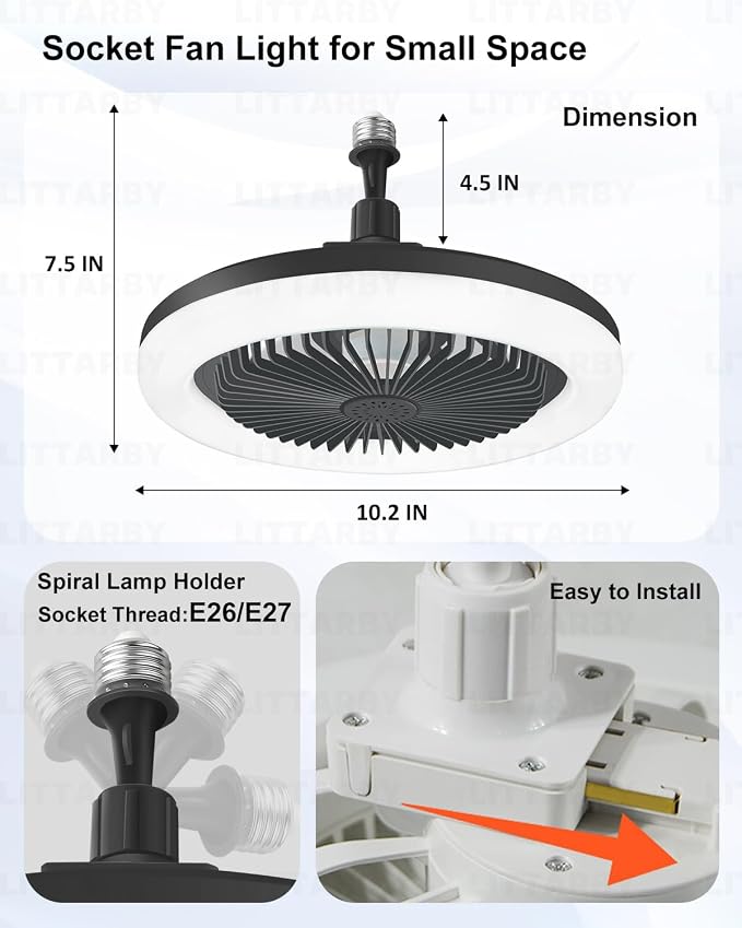 Socket Fan Light with Remote Control, 3 Colors 3000K-6500K Dimmable LED Light Bulb Fan Screw in Ceiling Fan for Bedroom, Kitchen, Storage Room, Closet, Wireless Small Ceiling Fans with Lights - Black