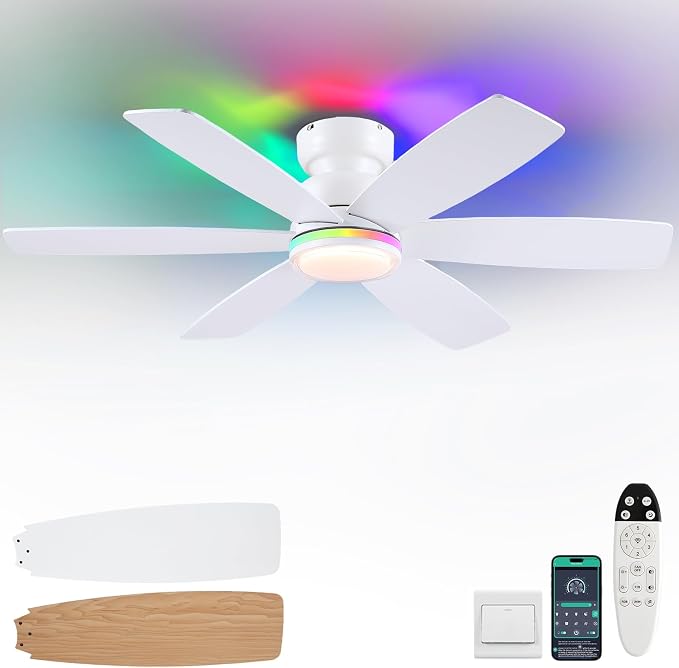 Kviflon 46" Ceiling Fans with RGB Lights Remote/APP Control, Flush Mount Ceiling Fans, Double-Sided 6 Reversible Blades, RGB Ring Lights+3CCT Dimmable Lights, Double Lampshade for Bedroom, White