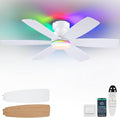 Kviflon 46" Ceiling Fans with RGB Lights Remote/APP Control, Flush Mount Ceiling Fans, Double-Sided 6 Reversible Blades, RGB Ring Lights+3CCT Dimmable Lights, Double Lampshade for Bedroom, White