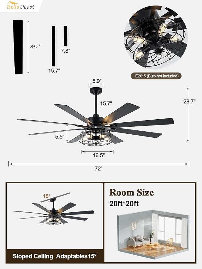 Bella Depot 72 Inch Large Farmhouse Ceiling Fan Industrial Big Chandelier Ceiling Fan with Light, 6-Speed, Reversible, Timing Option - Ideal for Bedroom, Living Room, Covered Patio