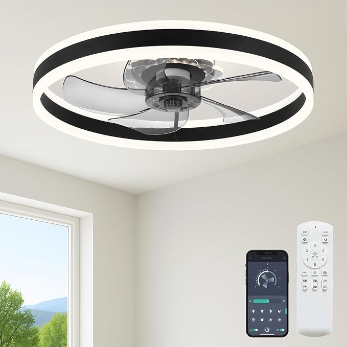 FSZDORJ 24'' Ceiling Fan with Light and Remote, Low Profile Ceiling Fan with Light, Dimmable Flush Mount Ceiling Fan Light, 6 Speeds Fan, App&Remote Control, Fandelier Quiet Fan for Bedroom F105 Black