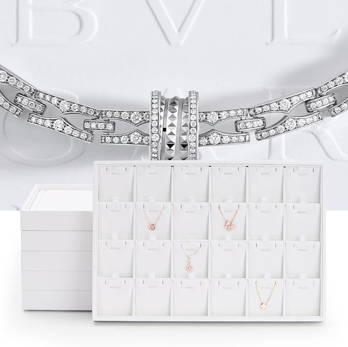 Oirlv Premium White Leather Stackable Jewelry Tray 24 Grid Jewelry Drawer Organizer Trays Rings Earrings Storage