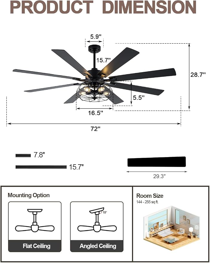 72 Inch Industrial Farmhouse Ceiling Fan with Lights and Remote, Black Vintage Caged Chandelier Ceiling Fan with 5 Reversible Wooden Blades for Dining Room Living Room Bedroom