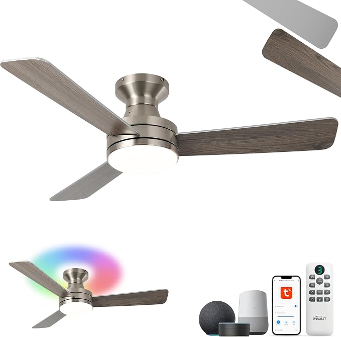 42" RGB Ceiling Fan with Light, Music Sync Smart Fan Works with Alexa/Google Assistant/App, Low Profile Flush Mount, 6-Speed Quiet DC Motor, 4 CCT Dimmable Lighting for Bedroom Living Room