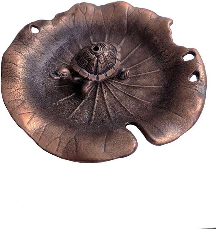 Red Copper Antique Style Metal Lotus Flower Lily Pad Ash Catcher Mini Lucky Turtle Incense Burner Holder Plate Zen Buddha Buddhist Meditation Decor w/Sandalwood Sticks Gift Set