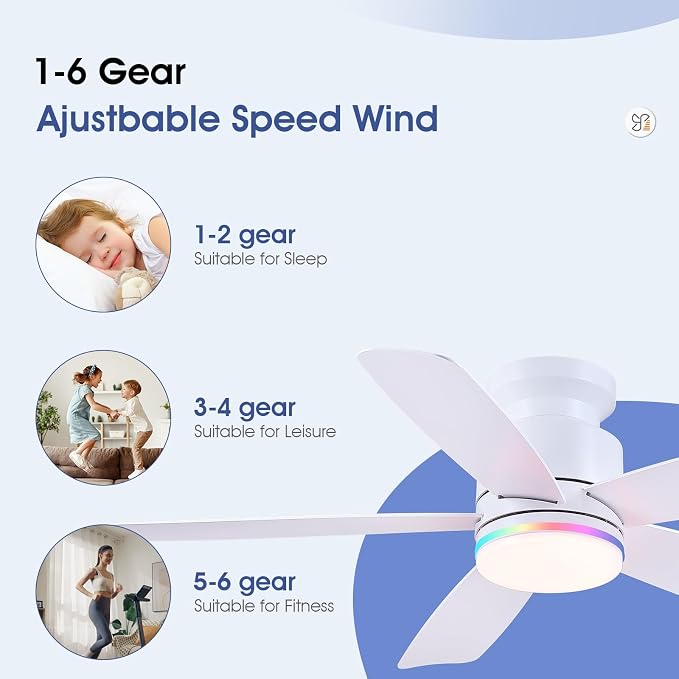 Wiviniya 46 Inch White Flush Mount Ceiling Fans with Lights, 5 Blades Reversible, 6-Speed 2H Timer, RGB & 3 CCT Dimmable, Remote & APP Control for Bedroom Kidsroom