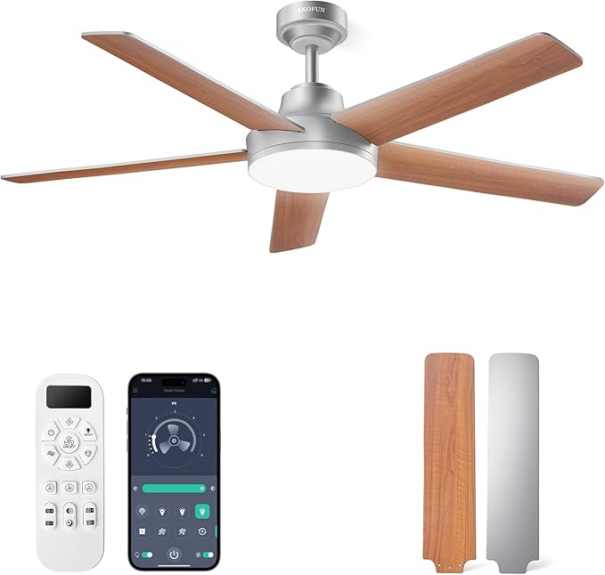 AKOFUN Ceiling Fans with Lights and Remote, Low Profile Ceiling Fan with Light, 6 Speed, Dimmable, DC Motor, Quiet, Timer, Modern LED Ceiling Fan for Bedroom Living Room 52 inch, Silver