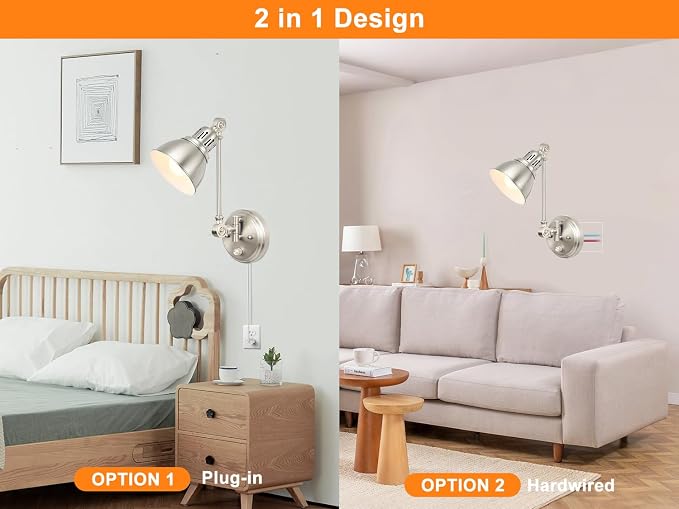 2 Pack Plug in Wall Sconces with Remote Control, Dimming, Adjustable Colors 2700K-6500K, Swing Arm Wall Lamps with Night Light & Timer, Plug-in or Hardwired, LED Bulbs Included, Brushed Nickel