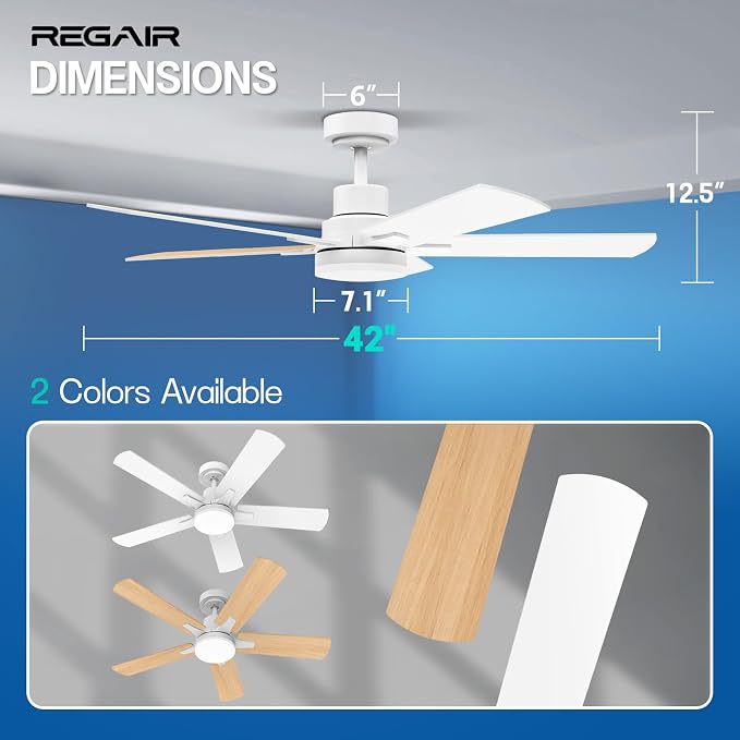 Ceiling Fan With Light 42-Inch, Remote Control Reversible DC Motors, 3CCT Dimmable Timer Noiseless, White Ceiling Fan for Bedroom Living Room, Indoor&Outdoor ETL Listed