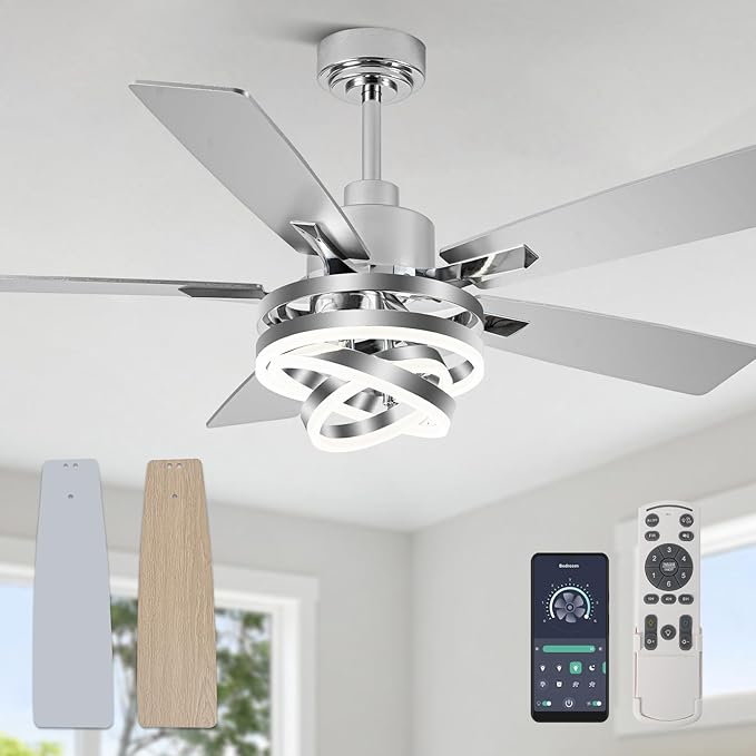 52" Modern Chandelier Fandelier Ceiling Fan with Light | DC motor, reversible, dimmable, 3 adjustable rings for DIY shape; recommended for bedroom, living room, and indoor use.