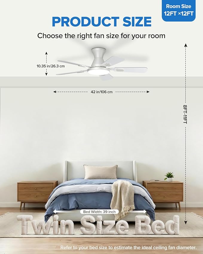 UME 42" Ceiling Fan with Lights & Remote, 6 Blades Low Profile Ceiling Fan, Quiet DC Motor, Natural Wind, 6 Speeds, 3CCT Dimmable 20W LED Modern Ceiling Fan for Bedroom, Living Room, White