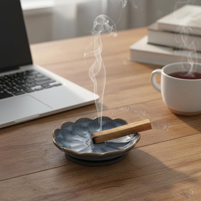 Pinehaven Incense Holder and Burner, Japanese Ceramic Incense Stick Holder with Ash Catcher, 5.5 Inch Blue Tray, Solid Brass 9-Hole Insert for Palo Santo, Sage, Zen Meditation Home Decor