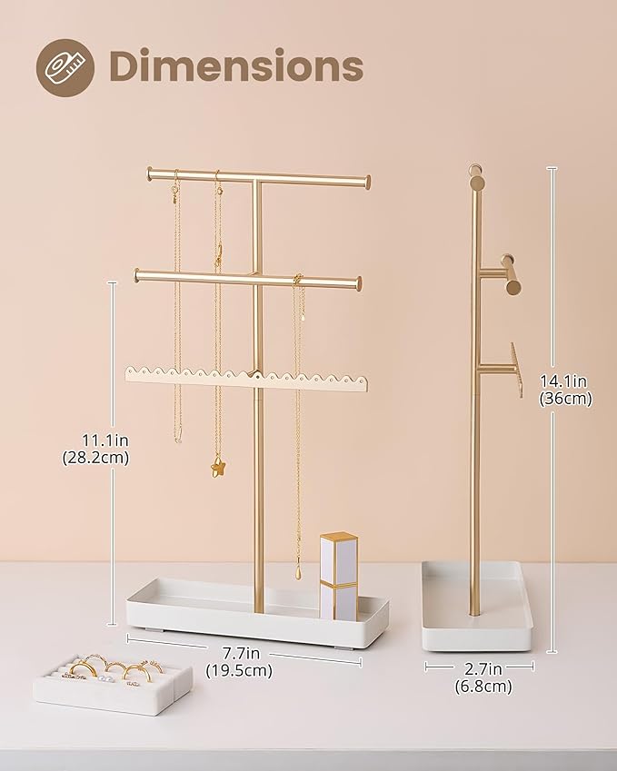 Lolalet 3-Tier Jewelry Organizer Stand, Metal Jewellery Holder, Dresser Display Rack for Necklace Earring Bracelets Rings, Gift for Women Girls -Gold
