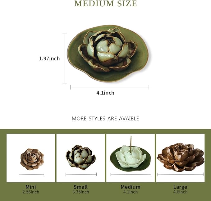 Collectible Handmade Chinese Ceramics, Medium Peony Ceramic Incense Stick Holder, Handicraft Flower Lotus Incense Burner Bowl Ash Catcher Inscent Tray for Home Decor and Gift, 2.55 Inch, Green