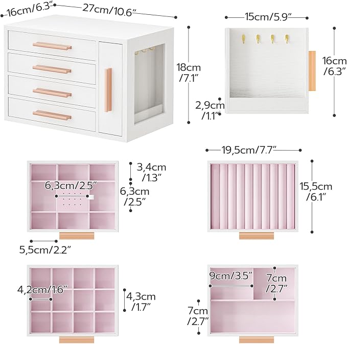 HOOBRO Jewelry Box for Women, Wooden Jewelry Organizer with Transparent Window, 4-Layer Jewelry Organizer Box, Jewelry Holder Organizer for Earrings, Necklaces, Rings, White and Gold WD09JB04