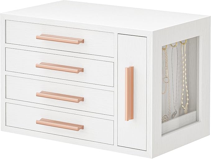 HOOBRO Jewelry Box for Women, Wooden Jewelry Organizer with Transparent Window, 4-Layer Jewelry Organizer Box, Jewelry Holder Organizer for Earrings, Necklaces, Rings, White and Gold WD09JB04