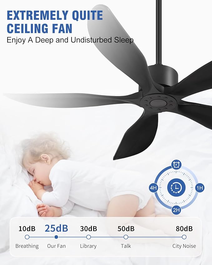 52" Ceiling Fan Without Lights 5 Blades Ceiling Fans with Remote Black | Ceiling Fan Without Lights for Patios Indoor, ETL Listed, Timer, 6 Speeds, 3 Color, Reversible Quiet DC Motor, Under 25dB