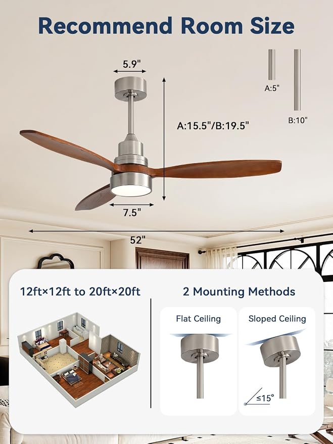 Sofucor 52 inch Wood Ceiling Fan with Light, Quiet 6-Speed 3 Blades Reversible LED Ceiling Fan, Modern Rustic Fan with Dimmable Light for Living Room Bedroom Home Office Cafe Patio Porch