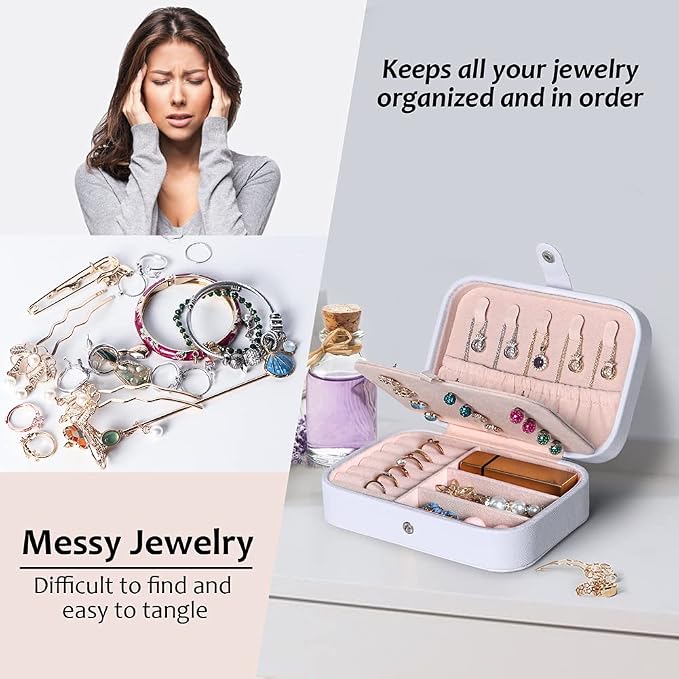 Hatori Travel Jewelry Box, PU Leather Small Jewelry Organizer for Women Girls, Double Layer Portable Mini Travel Case Display Storage Holder Boxes for Stud Earrings, Rings (White Beige)