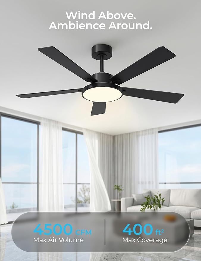 CINOTON Smart Ceiling Fan with Lights, 52'' RGBCW Ceiling Fan with Lights and Remote App Voice Control, Reversible DC Motor, 2600lm Dimmable, 6 Speeds & 2 Fan Modes, Quiet Fan for Bedroom, Living Room
