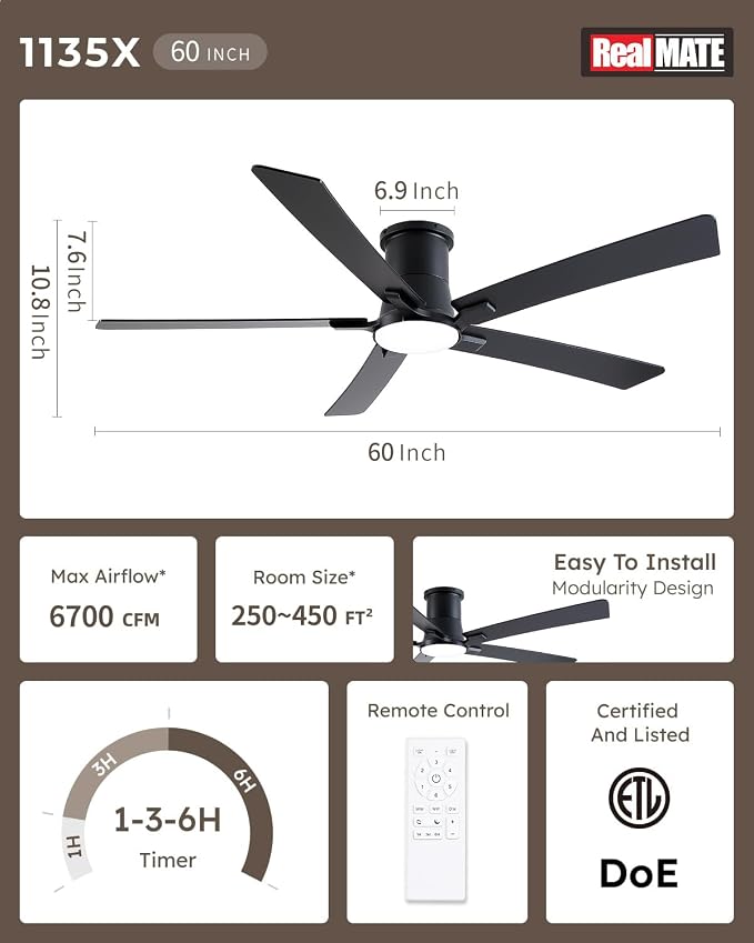 60 Inch Black Flush Mount Ceiling Fans with Lights and Remote | 3CCT Dimmable LED, 6 Speed, Quiet DC Motor, 3-Level Timer Function, Forward/Reserve For all Seasons, Indoor/Covered Outdoor