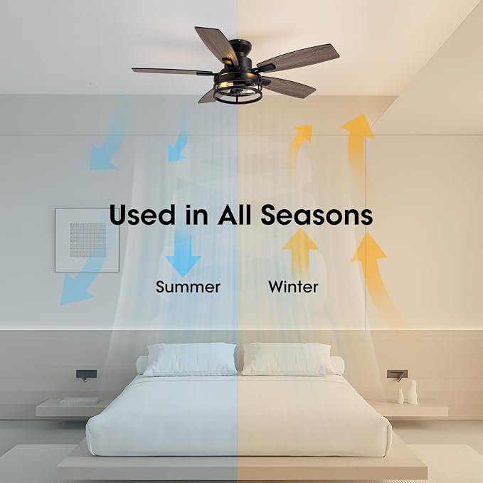 46 Inch Ceiling Fans with Lights and Remote Control, Flush Mount Black Ceiling Fan with Light, Industrial Retro Style, Indoor for Bedroom Living Room 8837X