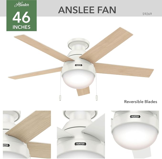 Hunter Anslee, Indoor, Ceiling Fan, with LED Light, 46 inch, Fresh White | Low Profile Mount, Pull Chain, 5 Blades, For Bedroom, Living Room, Kitchen, 59269