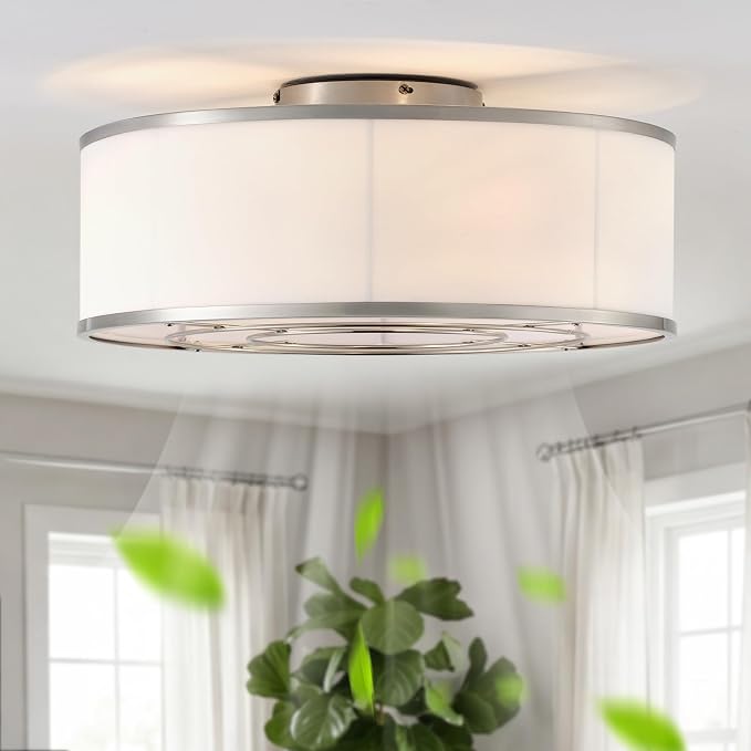Low Profile Ceiling Fans with Lights, 20" Silver Boho Ceiling Fan with Light Flush Mount and Remote Control, Drum Caged with 6 Speeds for Bedroom, Nursery, Living Room
