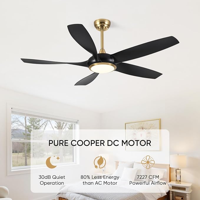 54'' Ceiling Fans with Lights, Indoor/Outdoor Modern Ceiling Fan with Remote, ABS Plastic Blades, Reversible DC Motor, 6 Speeds, 3 Color Lights, ETL Listed, for Bedroom Living Room (Black)