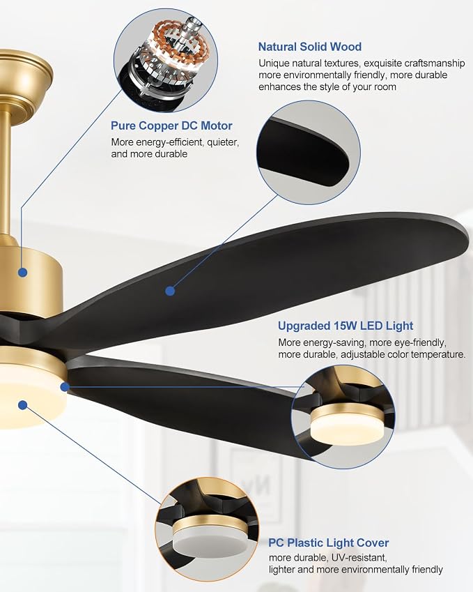 52"Ceiling Fans with Lights and Remote 5 Blades Outdoor Fans Black Gold | Ceiling Fan with Light for Patios Indoor, ETL Listed, Timer, 6 Speeds, 3 Color, Reversible Quiet DC Motor, Under 25dB