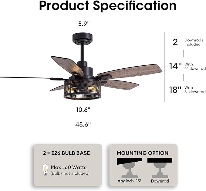 LuminFan 46 Inch Ceiling Fans with Lights and Remote Control, Farmhouse Ceiling Fan for Bedroom Living Room and Patio, Black Caged Ceiling Fan for Indoor and Outdoor