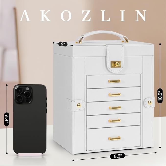 AKOZLIN 6-Tier Jewelry Box Organizer Functional 5 Drawers Leather Jewelry Storage Case for Women Girls Ring Necklace Earring Bracelet Holder Organizer with Mirror White Regular