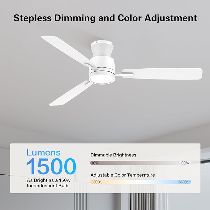 Ceiling Fans with Lights,52 Inch,Quiet Reversible Motor,Easy to Install,6 Speeds,Dimmable,Timer,White Low Profile Ceiling Fan for Bedroom Living Room,Kitchen,Indoor/Outdoor