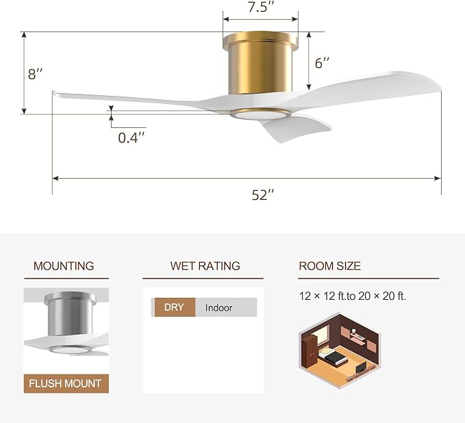 OFANTOP 52 Inch White Gold Flush Mount Smart Ceiling Fan with Light Remote | Whisper-Quiet & Powerful Airflow, 3-Color Dimmable LED with Memory, Reversible Motor, Timer, for Bedroom Living Room