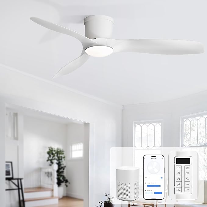 Sofucor 52 Inch Smart Ceiling Fan with Lights, Modern Low Profile Flush Mount Ceiling Fan with 6500CFM, Compatible with Alexa/Google/App, 3 Plastic Blade, Dimmable Timer Reversible DC Motor, ETL, ABS