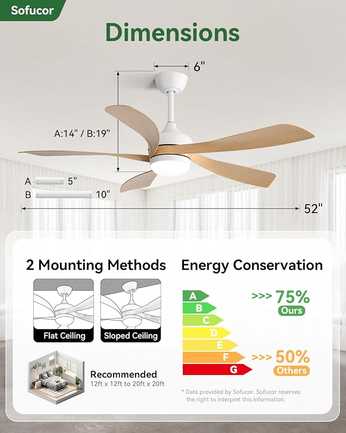 Sofucor 52 Inch Ceiling Fans with Lights and Remote, Outdoor Ceiling Fan with Light 6-Speed 3 CCT 3-Timer, Modern Low Profile Ceiling Fan 5 Blade Reversible DC Motor for Living Room Bedroom Patio