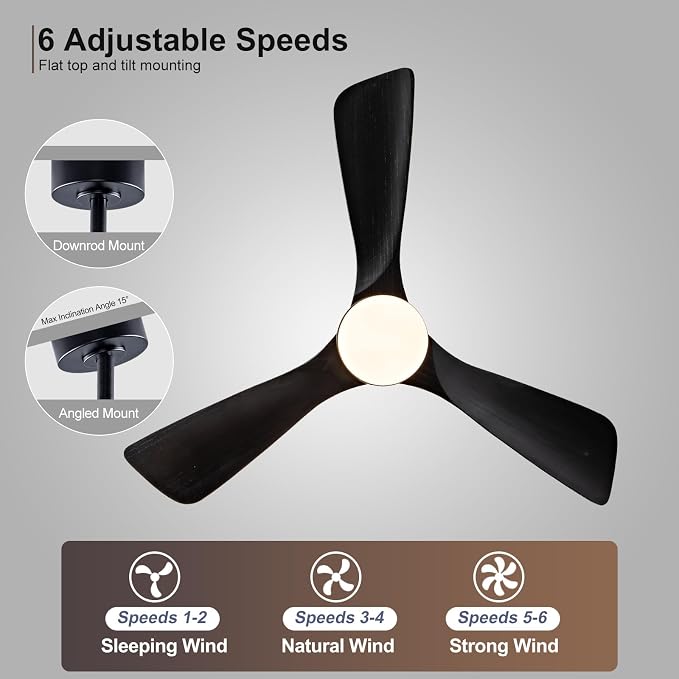 42 Inch Ceiling Fan with Light, 3 Solid Wood Blades, Remote Control, 6-Speed Reversible Quiet DC Motor, Modern White Ceiling Fan for Bedroom Living Room Patio