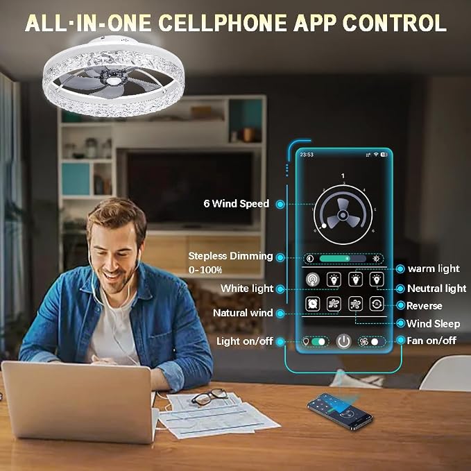 Low Profile Flush Mount Ceiling Fan with Light and Bluetooth Speaker, Smart Ceiling Fan with 6 Speeds, Reversible Airflow, APP/Remote Control for Bedroom