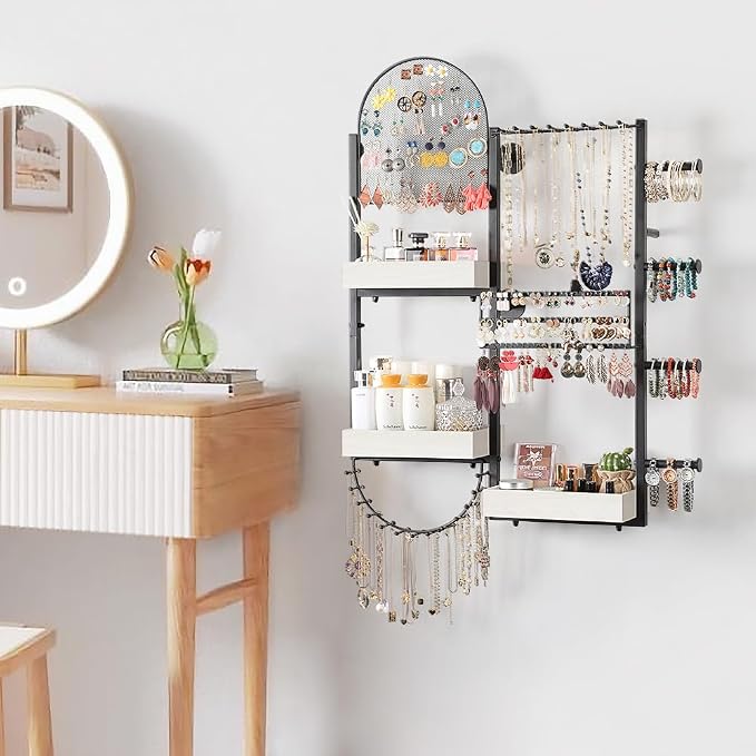 Keebofly Wall Mount Hanging Jewelry Organizer - Large Display Holder for Earrings, Rings, Necklaces, Bracelets, Watches and Perfume - White