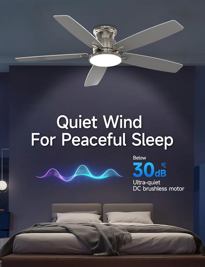 Flush Mount Ceiling Fan with Light, 52 Inch, Remote Control, 3CCT Dimmable LED, 6-Speed Silent Reversible DC Motor, Low Profile Hugger Ceiling Fan for Indoor/Outdoor 90-264V 50/60Hz Brushed Nickel