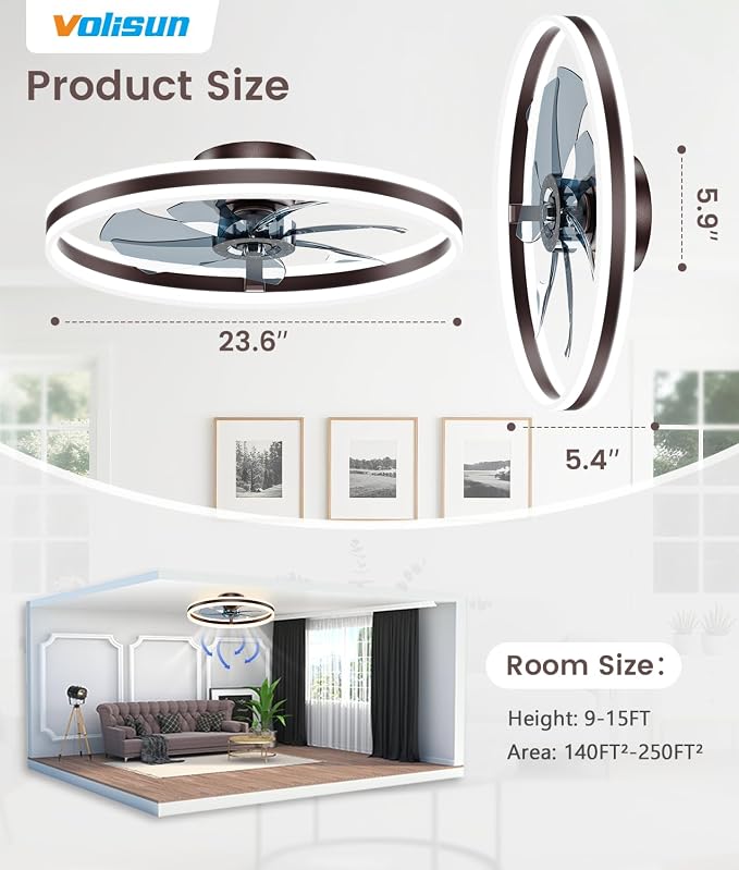 VOLISUN Low Profile Ceiling Fans with Lights and Remote, 24in Flush Mount Ceiling Fans with Light, 3000K-6500K Dimmable Fandelier LED Fan Light, Brown Bladeless Ceiling Fans with Lights for Bedroom