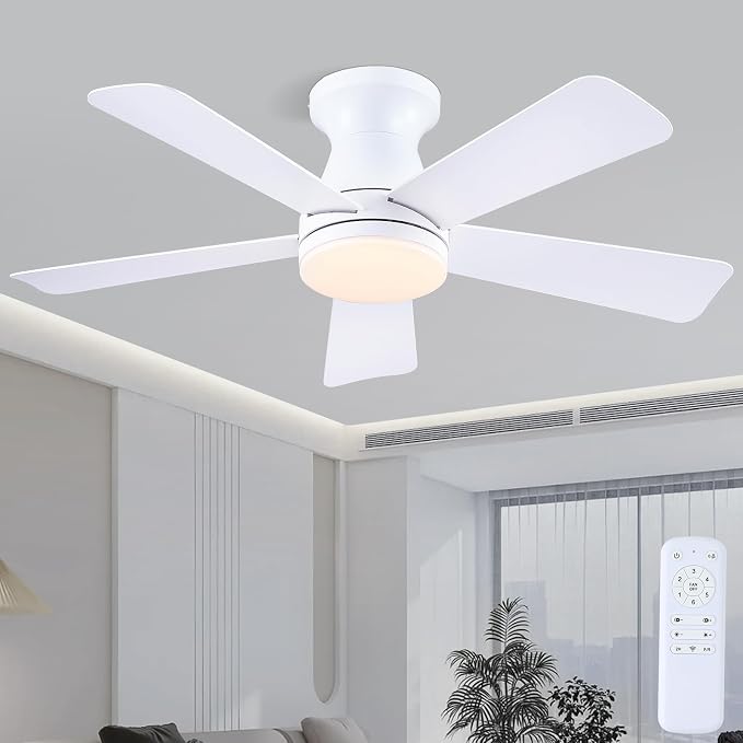 41"Small Modern White Low Profile Ceiling Fans with Light and Remote | Flush Mount ,Super Large Airflow with 6 Wind Speeds, Reversible, Dimmable 3 CCT LED, 30W DC Motor,Suits for Bedroom Kidsroom