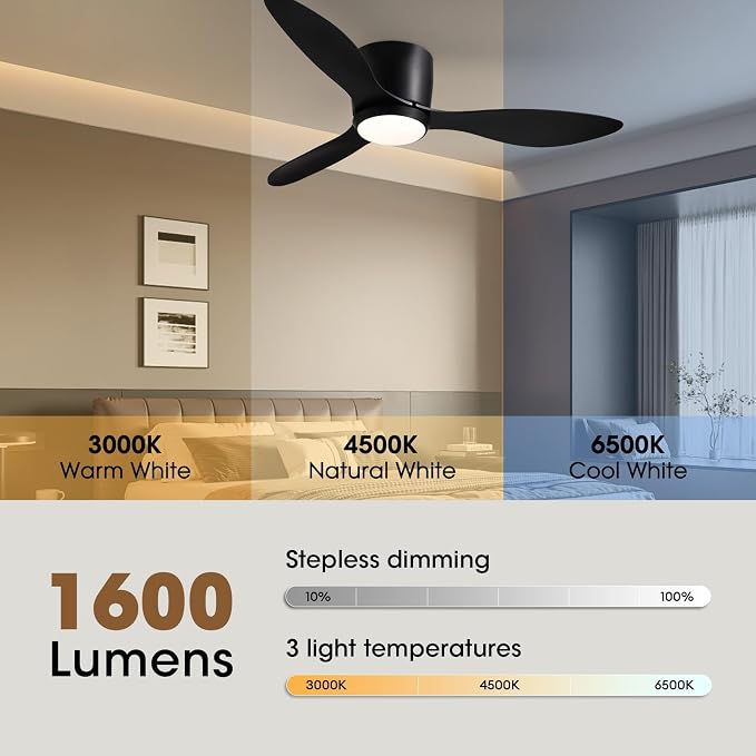 LUDOMIDE Ceiling Fans with Lights,42 Inch Low Profile Ceiling Fan with Wall Control and Remote Control,Dimmable,Flush Mount Ceiling Fan with Noiseless DC Reversible Motor for Bedroom Indoor Use