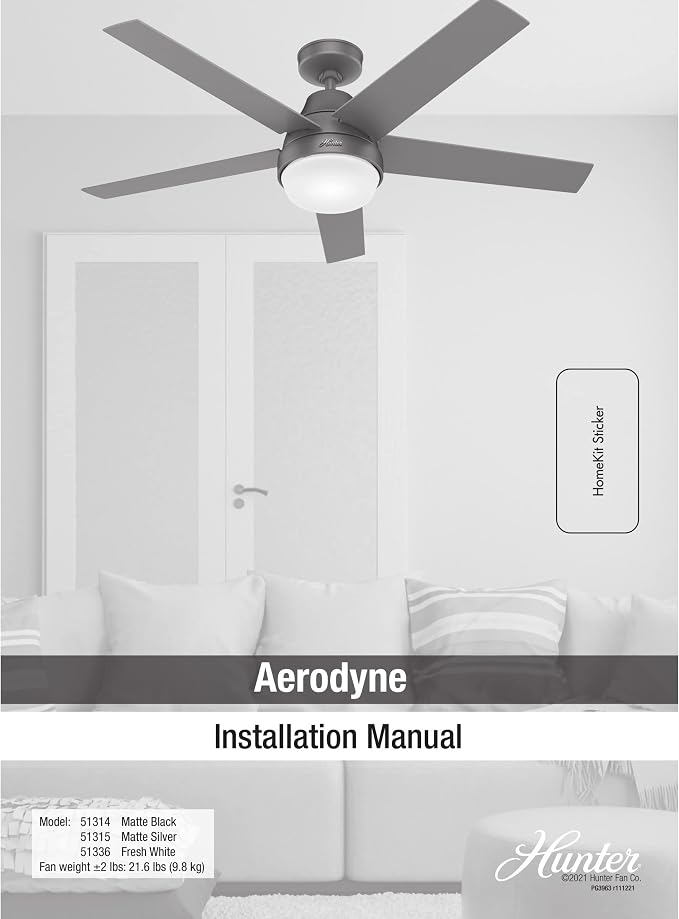Hunter 52 inch Indoor Ceiling Fan with LED Light and Remote Control - Black Modern Smart Ceiling Fan, Standard Mount, 5 Blades, For Bedroom, Living Room, or Kitchen, Quiet- Aerodyne 51314, Matte Black | with LED Light and Remote Control, Standard Mount...