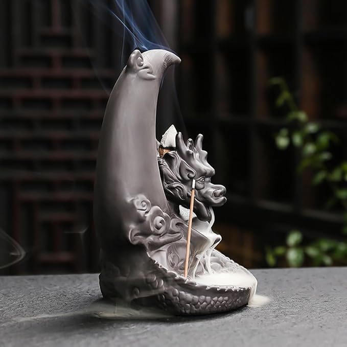 Moon Dragon Incense Burner - Ceramic Incense Waterfall Burner Dragon Smoke Fountain Incense Holder with Cones & Tweezer & Mat for Aromatherapy/Yoga/Home/Office Decor