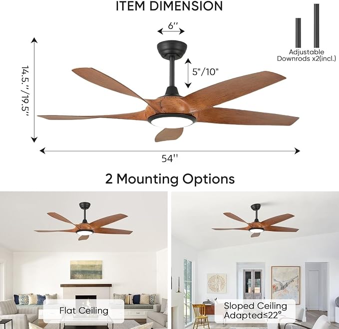 54'' Ceiling Fans with Lights, Indoor/Outdoor Modern Ceiling Fan with Remote, ABS Plastic Blades, Reversible DC Motor, 6 Speeds, 3 Color Lights, ETL Listed, for Bedroom Living Room (Brown)