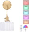 Shenmoyl Battery Operated Wall Sconce with White Striped Shade Pattern Glass Adjustable Chain Retro Gold Wall Mounted Light, Modern Wall Lamp Fixtures Decor for Bedside Bedroom Indoor Doorway