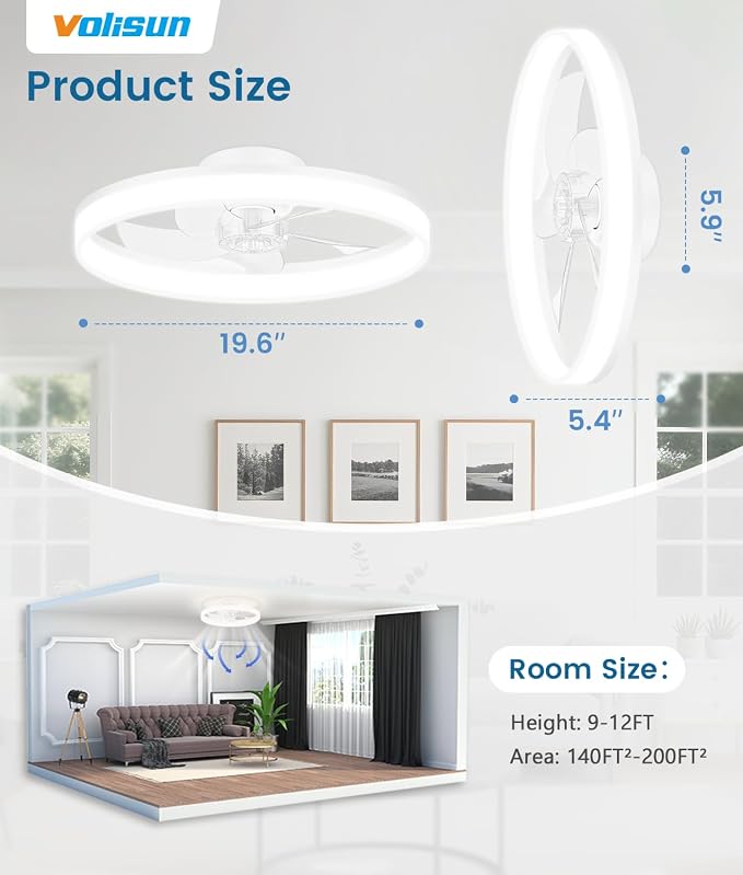 VOLISUN Low Profile Ceiling Fans with Lights and Remote, 20in Fandelier Ceiling Fan Flush Mount, 3000K-6500K Smart Bladeless LED Fan Light, White Modern Ceiling Fans with Lights for Bedroom